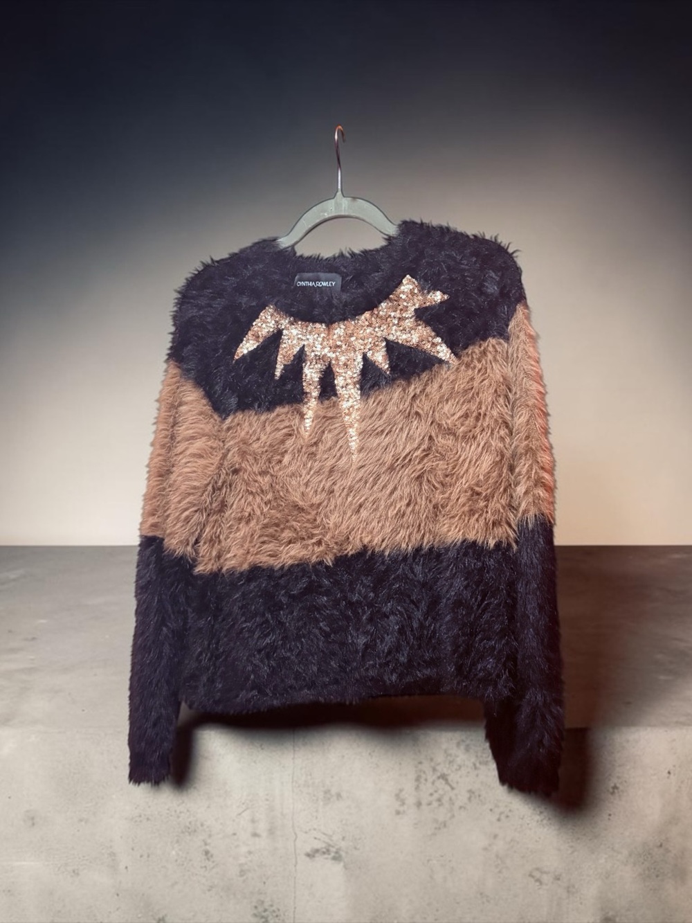 Cynthia Rowley Black Fuzzy Sweater with Tan Trim
